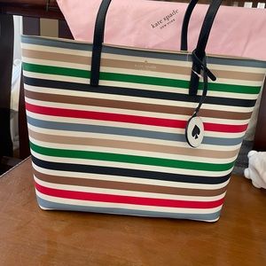 Kate spade striped tote, 11.5” x 13”. 5 1/2” bottom width. Handle drop 10”.
